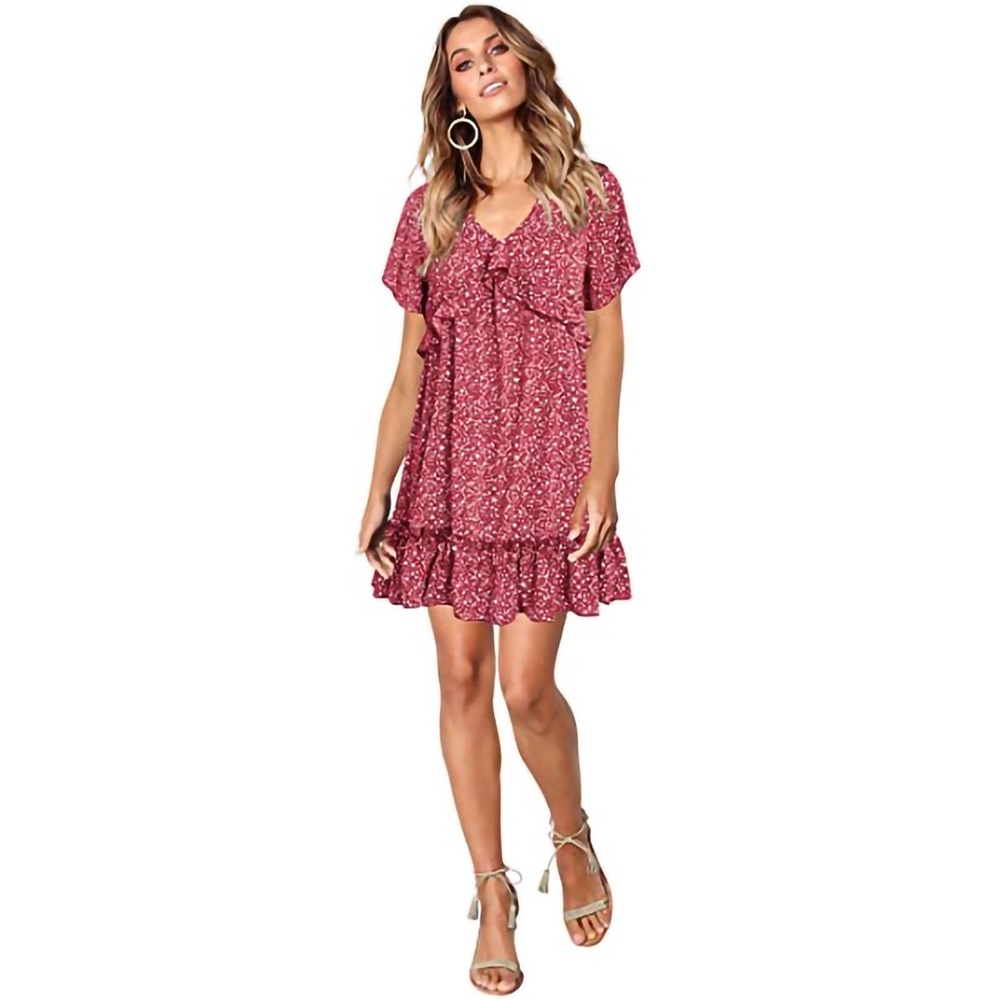 Red Floral Ruffle Dress - Picture 2 of 5